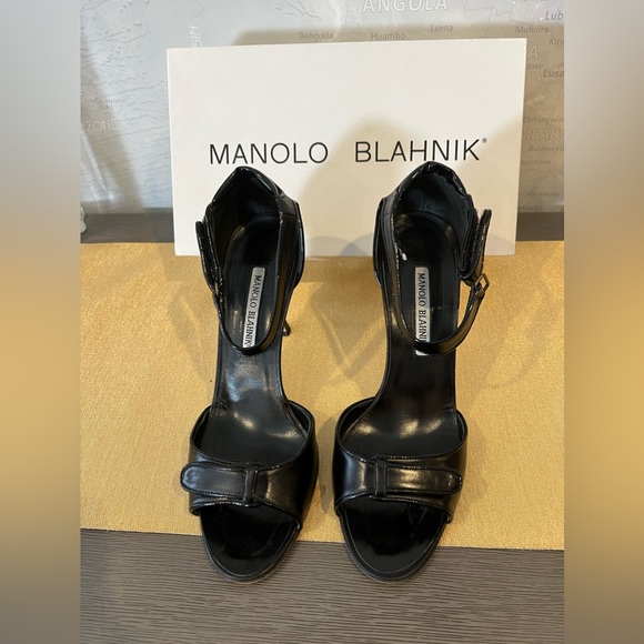 MANOLO BLAHNIK Roon Open-Toe Ankle-Wrap Sandals Black Leather High Heel 39 XE - Picture 1 of 5